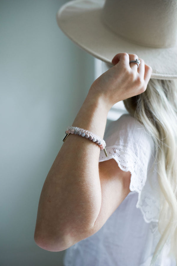 Peace and Freedom White Rhodium Plate Matte Pink Zebra Jasper Stretch Bracelet