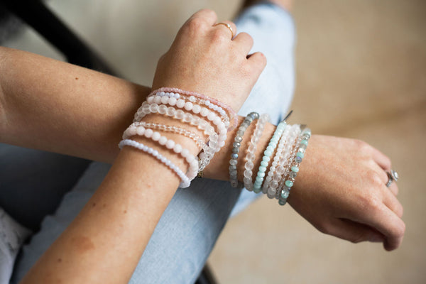 Health and Stability White Rhodium Plate Rose Quartz and Clear Quartz Set of 4 Bracelets