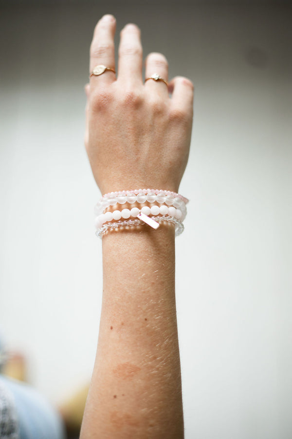 Health and Stability White Rhodium Plate Rose Quartz and Clear Quartz Set of 4 Bracelets