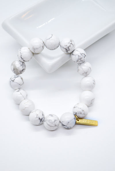 Tranquil Mind and Serenity 14K Gold Plate 12mm Polished Howlite Stretch Bracelet