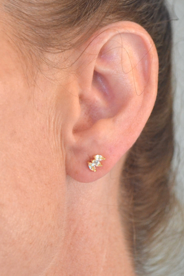Ecclesiastes Collection 14K Gold Plate Sterling Silver Triple Marquise Clear Quartz Stud Earrings