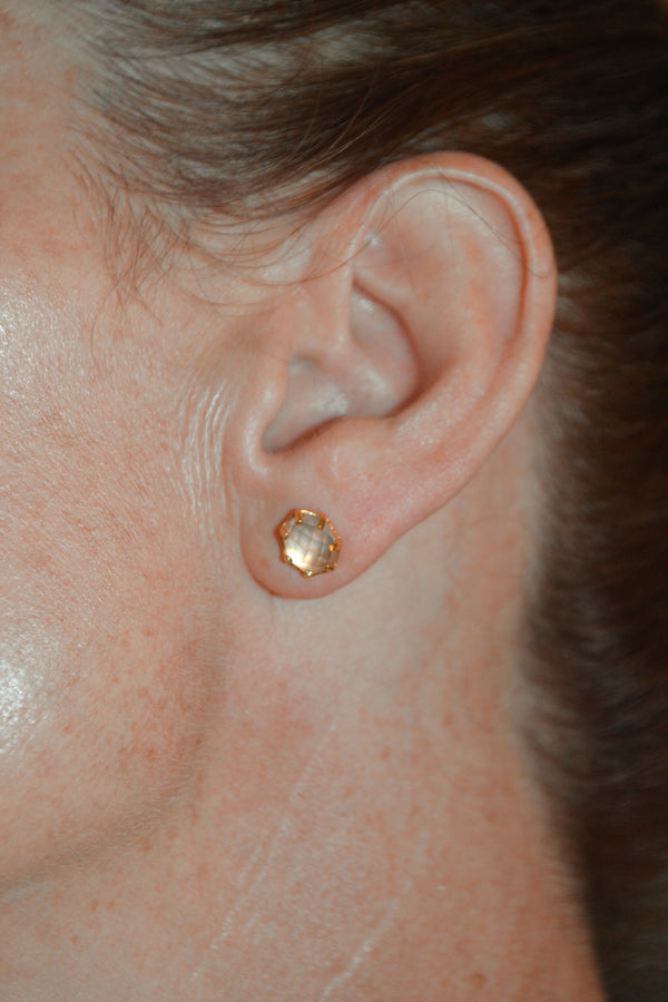 Corinthians Collection 14K Gold Plate 7-Sided Rose Quartz Rose Cut Stud Earrings
