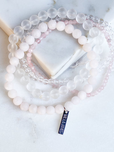 Health and Stability White Rhodium Plate Rose Quartz and Clear Quartz Set of 4 Bracelets