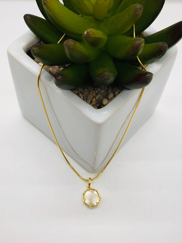 Corinthians Collection 14K Gold Plate 15” + 2” Extender 7-Sided Clear Quartz Rose Cut Pendant Necklace