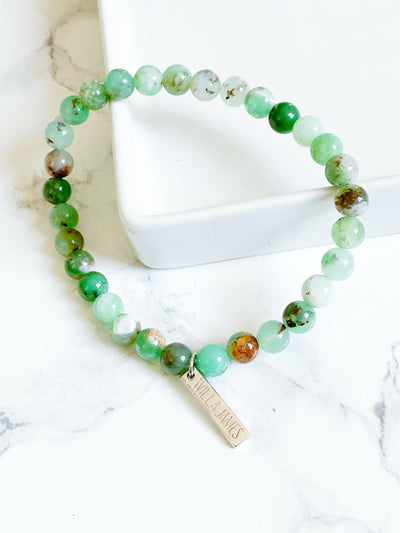 Joy and Contentment White Rhodium Plate Polished Round Chrysoprase Stretch Bracelet