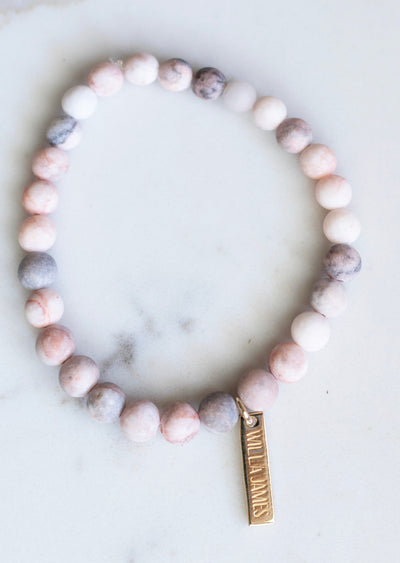 Peace and Freedom 14K Gold Plate Matte Pink Zebra Jasper Stretch Bracelet