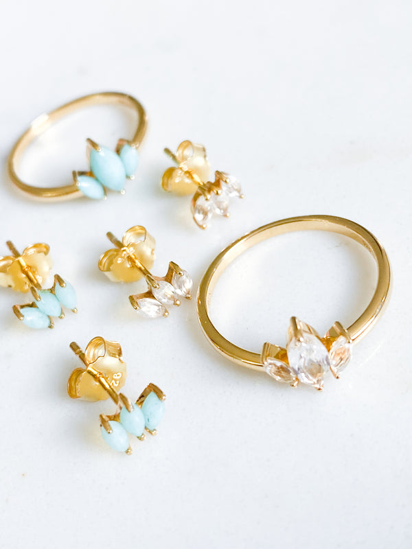 Ecclesiastes Collection 14K Gold Plate Sterling Silver Triple Marquise Clear Quartz Stud Earrings