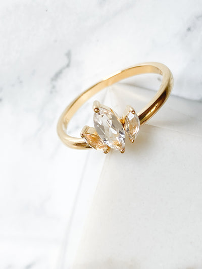 Ecclesiastes Collection 14K Gold Plate Sterling Silver Triple Marquise Clear Quartz Ring