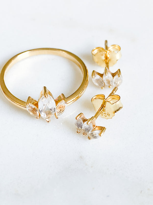 Ecclesiastes Collection 14K Gold Plate Sterling Silver Triple Marquise Clear Quartz Ring