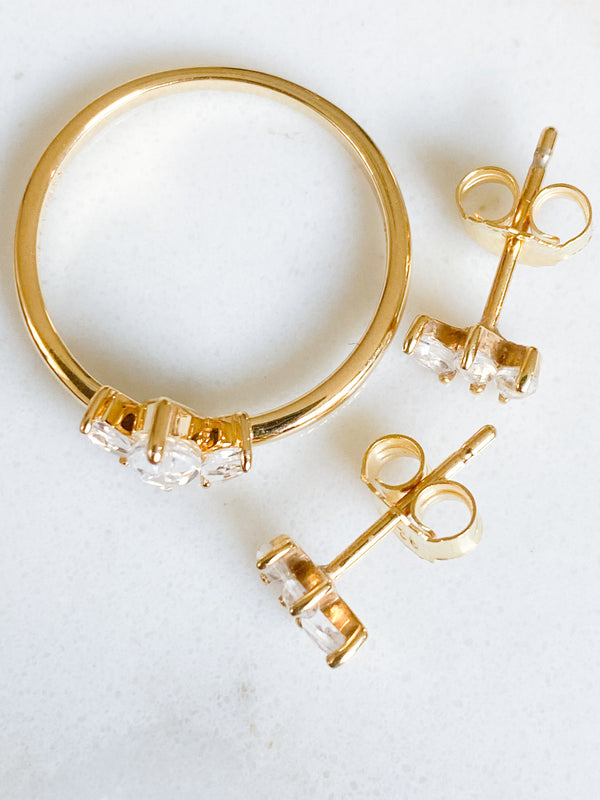 Ecclesiastes Collection 14K Gold Plate Sterling Silver Triple Marquise Clear Quartz Stud Earrings