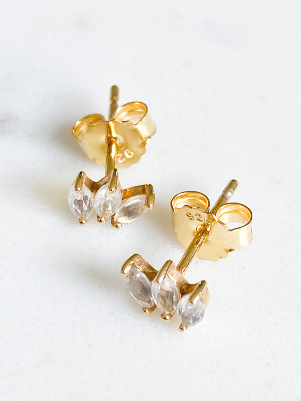 Ecclesiastes Collection 14K Gold Plate Sterling Silver Triple Marquise Clear Quartz Stud Earrings