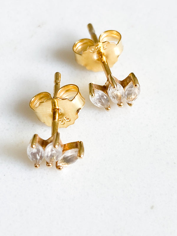 Ecclesiastes Collection 14K Gold Plate Sterling Silver Triple Marquise Clear Quartz Stud Earrings