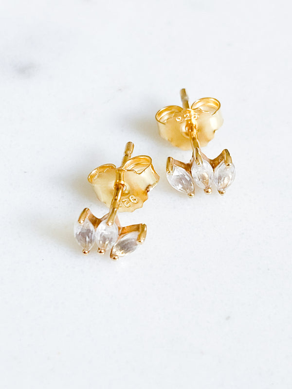 Ecclesiastes Collection 14K Gold Plate Sterling Silver Triple Marquise Clear Quartz Stud Earrings
