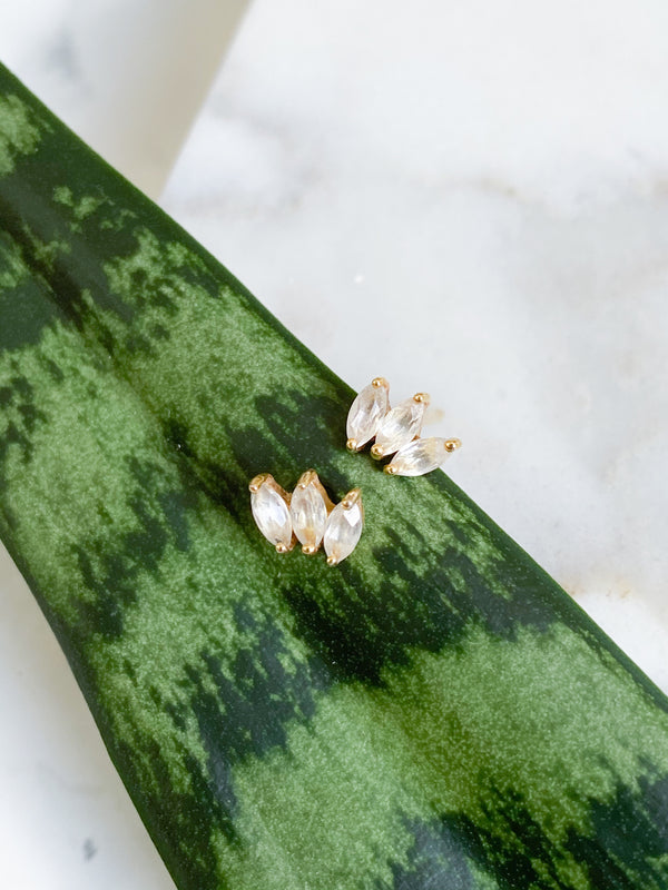 Ecclesiastes Collection 14K Gold Plate Sterling Silver Triple Marquise Clear Quartz Stud Earrings