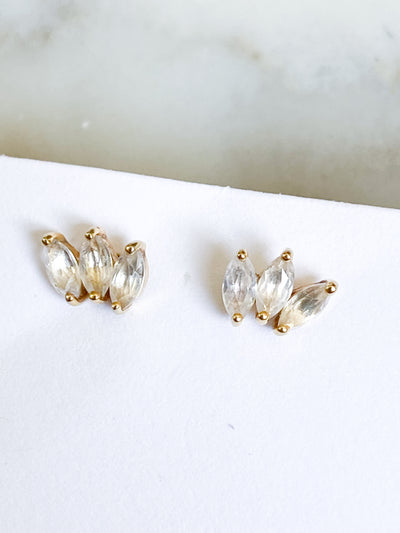 Ecclesiastes Collection 14K Gold Plate Sterling Silver Triple Marquise Clear Quartz Stud Earrings