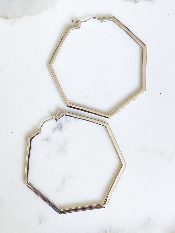 Corinthians Collection White Rhodium Plate Bold 2.5” 7-Sided Hoop Earrings
