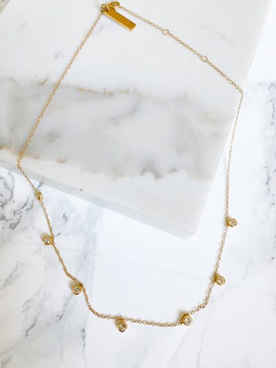 Corinthians Collection 14K Gold Plate 14” + 2” Faceted Clear Quartz Dangle Choker Necklace