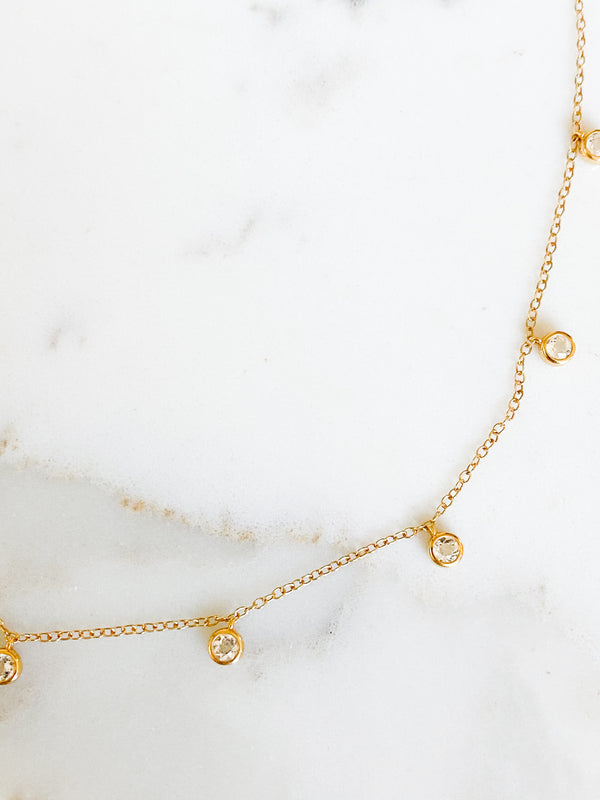 Corinthians Collection 14K Gold Plate 14” + 2” Faceted Clear Quartz Dangle Choker Necklace