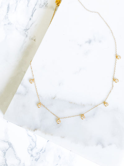 Corinthians Collection 14K Gold Plate 14” + 2” Faceted Clear Quartz Dangle Choker Necklace