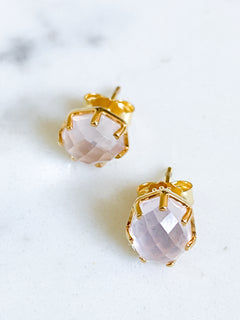 Corinthians Collection 14K Gold Plate 7-Sided Rose Quartz Rose Cut Stud Earrings