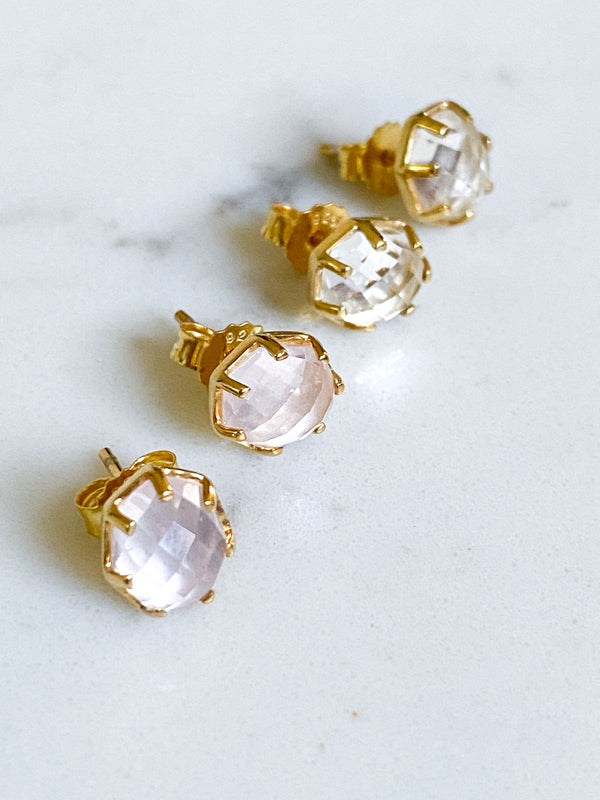 Corinthians Collection 14K Gold Plate 7-Sided Clear Quartz Rose Cut Stud Earrings