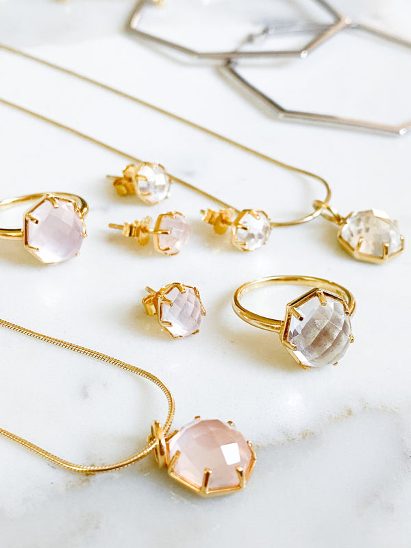 Corinthians Collection 14K Gold Plate 15” + 2” Extender 7-Sided Rose Quartz Rose Cut Pendant Necklace