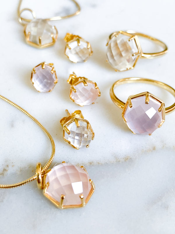 Corinthians Collection 14K Gold Plate 7-Sided Clear Quartz Rose Cut Stud Earrings