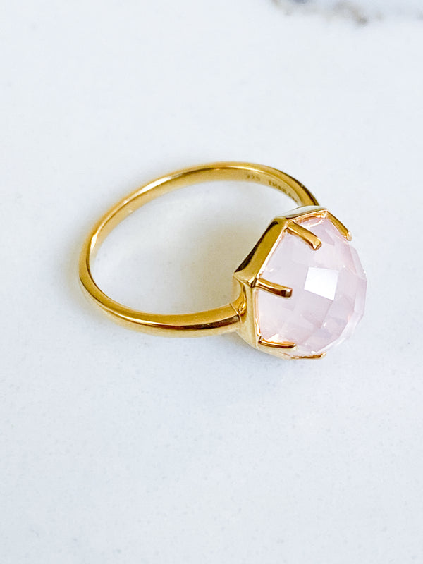 Corinthians Collection 14K Gold Plate 7-Sided Rose Quartz Rose Cut Ring