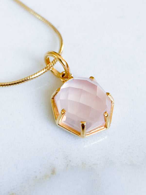 Corinthians Collection 14K Gold Plate 15” + 2” Extender 7-Sided Rose Quartz Rose Cut Pendant Necklace