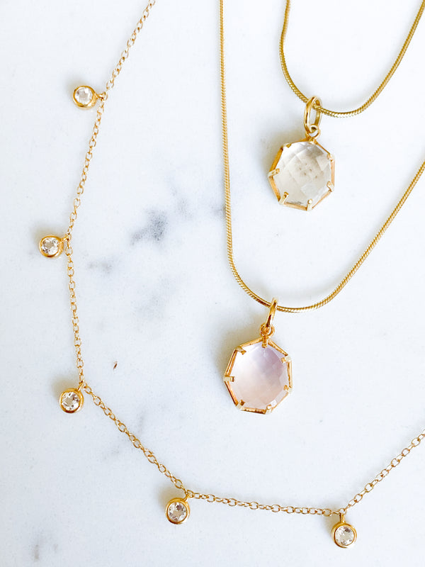 Corinthians Collection 14K Gold Plate 14” + 2” Faceted Clear Quartz Dangle Choker Necklace