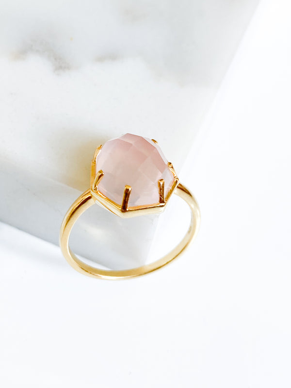 Corinthians Collection 14K Gold Plate 7-Sided Rose Quartz Rose Cut Ring