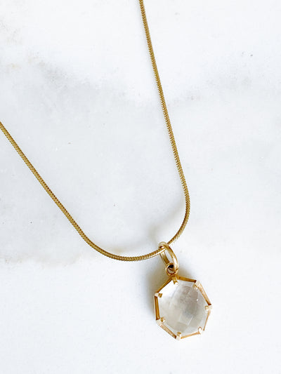 Corinthians Collection 14K Gold Plate 15” + 2” Extender 7-Sided Clear Quartz Rose Cut Pendant Necklace