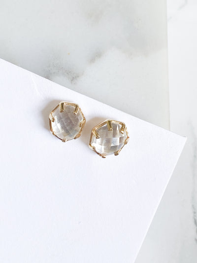 Corinthians Collection 14K Gold Plate 7-Sided Clear Quartz Rose Cut Stud Earrings