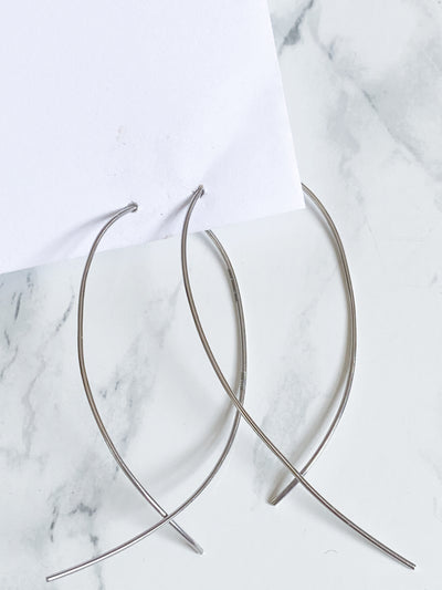 Isaiah Collection White Rhodium Plate Fluid Curved Cross Design Threader Earrings