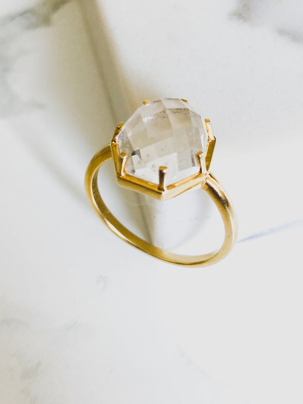 Corinthians Collection 14K Gold Plate 7-Sided Clear Quartz Rose Cut Ring