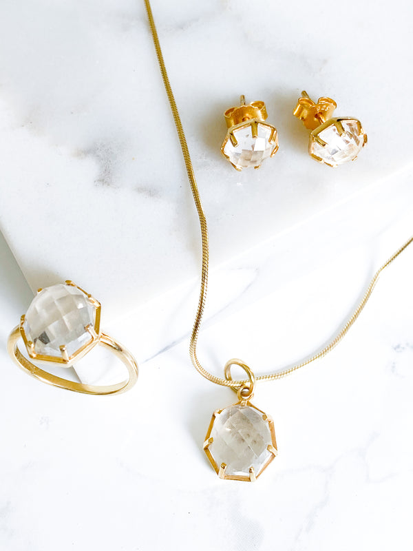Corinthians Collection 14K Gold Plate 7-Sided Clear Quartz Rose Cut Stud Earrings
