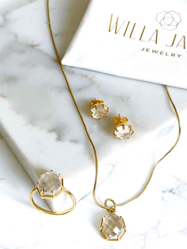 Corinthians Collection 14K Gold Plate 7-Sided Clear Quartz Rose Cut Ring