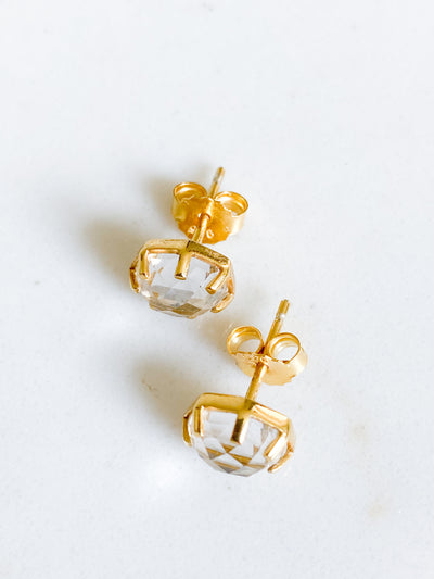 Corinthians Collection 14K Gold Plate 7-Sided Clear Quartz Rose Cut Stud Earrings
