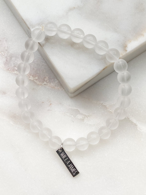 Provision and Protection White Rhodium Plate Clear Quartz Round Matte Amplify Stretch Bracelet