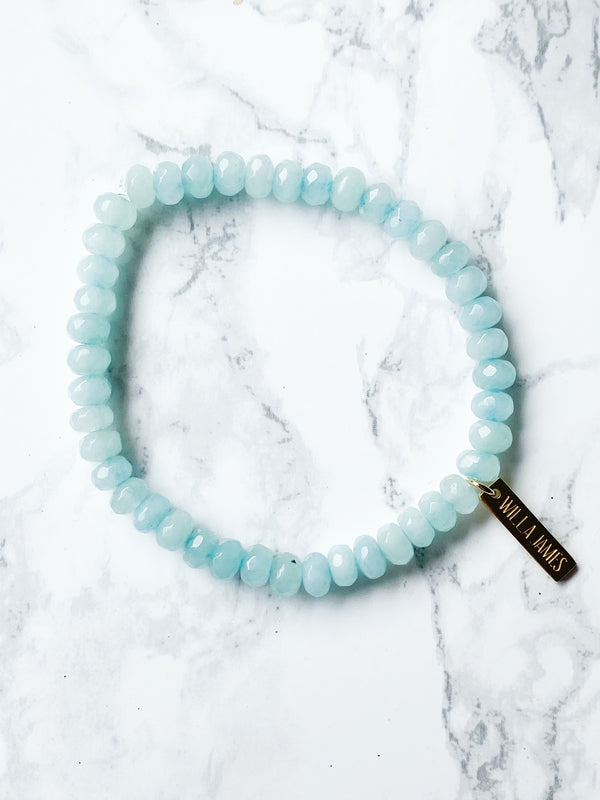 Strength and Courage White Rhodium Plate Amazonite Faceted Rondelle Stretch Bracelet
