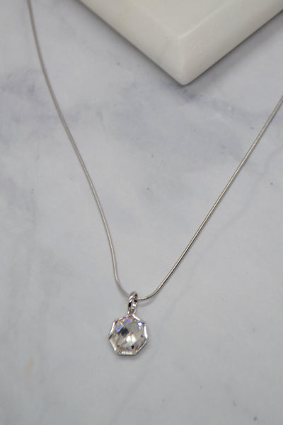 Corinthians Collection White Rhodium Plate 15” + 2” Extender 7-Sided Clear Quartz Rose Cut Pendant Necklace