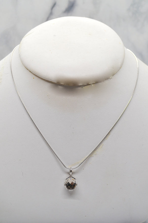 Corinthians Collection White Rhodium Plate 15” + 2” Extender 7-Sided Clear Quartz Rose Cut Pendant Necklace