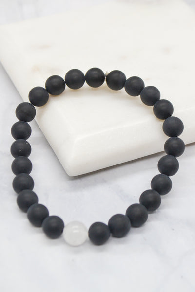 Fatherhood Collection White Rhodium Plate 8mm Matte Black Agate and White Jade Bracelet