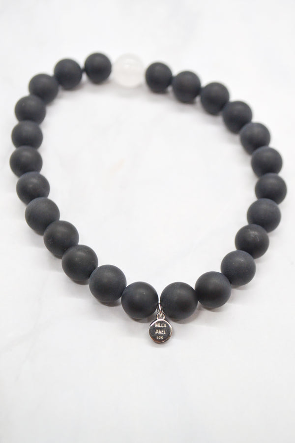Fatherhood Collection White Rhodium Plate 8mm Matte Black Agate and White Jade Bracelet