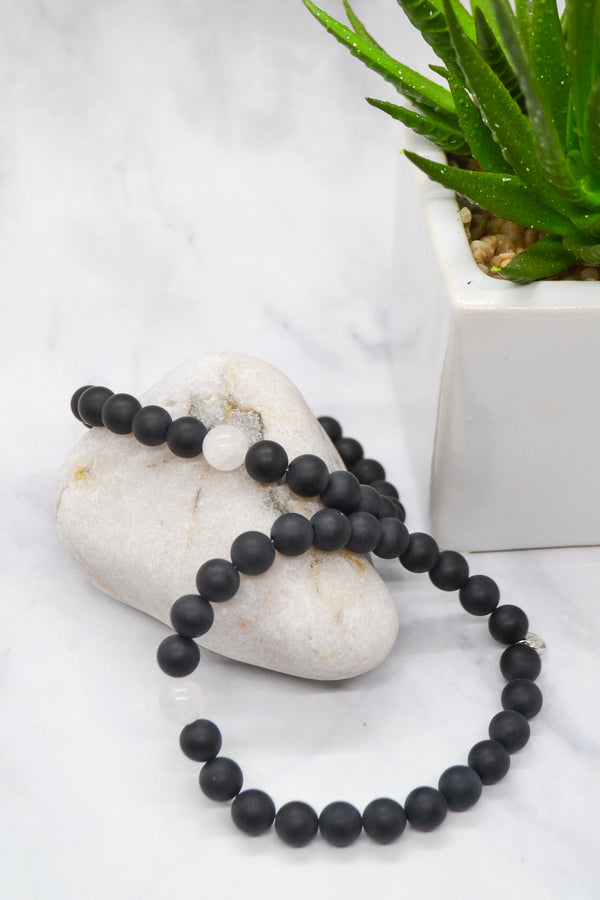 Fatherhood Collection 14K Gold Plate Matte Black Agate and White Jade Bracelet