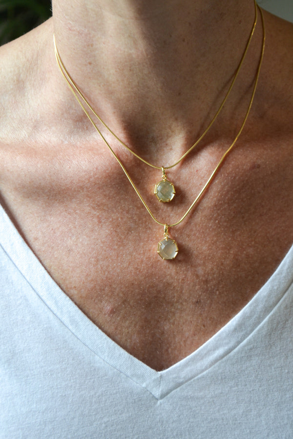 Corinthians Collection 14K Gold Plate 15” + 2” Extender 7-Sided Rose Quartz Rose Cut Pendant Necklace