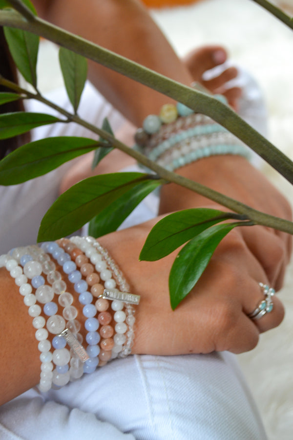 Hope and Faith White Rhodium White Jade, Blue Lace Agate and Moonstone Bracelet Set