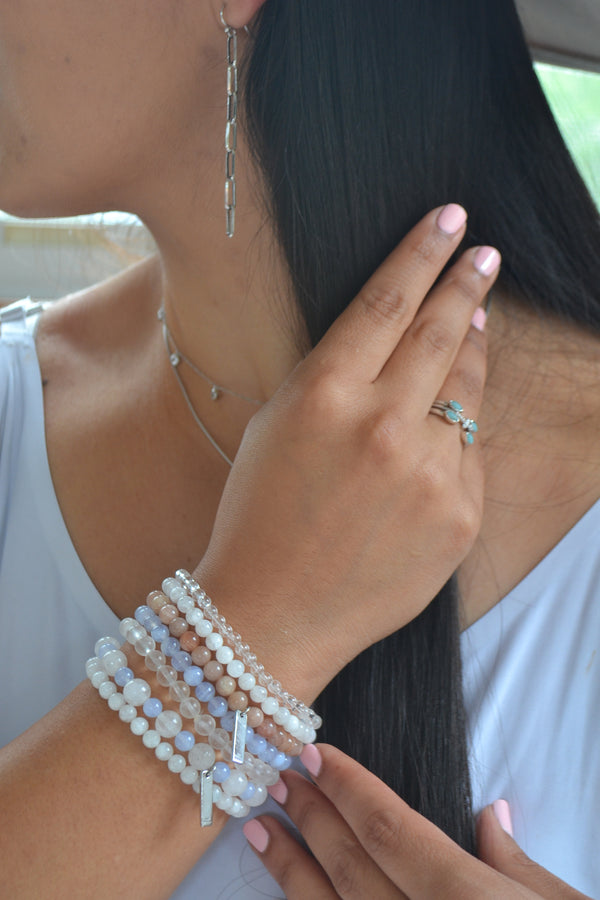 Hope and Faith White Rhodium White Jade, Blue Lace Agate and Moonstone Bracelet Set