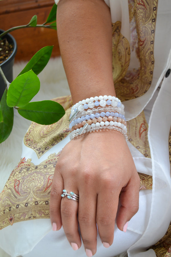 Hope and Faith White Rhodium White Jade, Blue Lace Agate and Moonstone Bracelet Set
