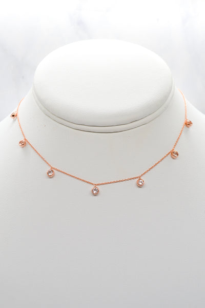 Corinthians Collection 14K Rose Gold 14” + 2” Faceted Clear Quartz Dangle Choker Necklace